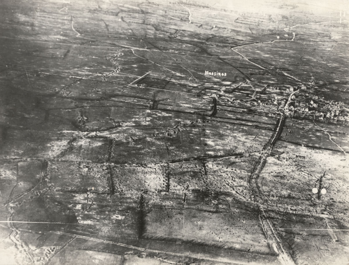 An aerial photo of Messines Ridge showing the other side of the hill, with Messines village and German communication trenches before the battle on 7 June 1917.